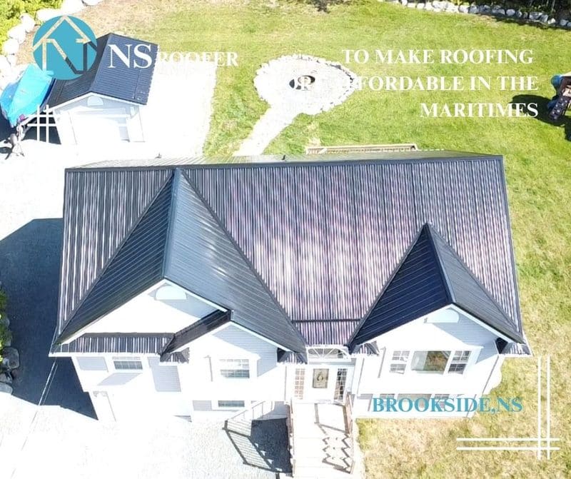 Aerial view of completed metal roof in the Annapolis Valley by Versatile Home Solutions